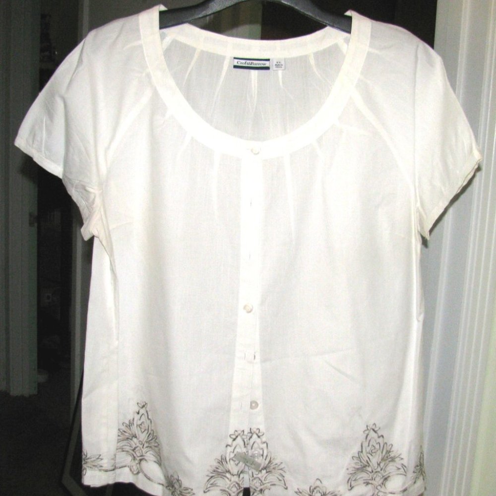 NAVY & TAN EMBROIDERY on WHITE Cotton TOP Sz XL Cr